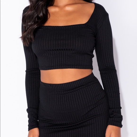 Kacy Black Rib Knit Crop Top & Skirt Set - Picture 4 of 8